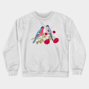 Two Bullfinch Birds and Red Flowers Wildlife Illustration Crewneck Sweatshirt